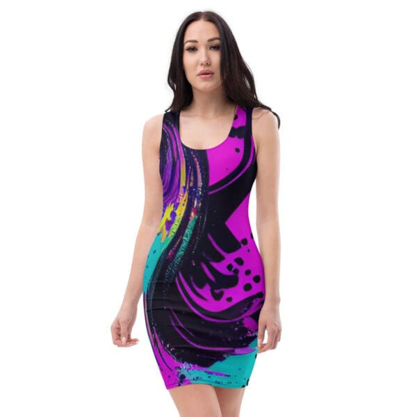 A woman wearing a dress with purple and blue designs.