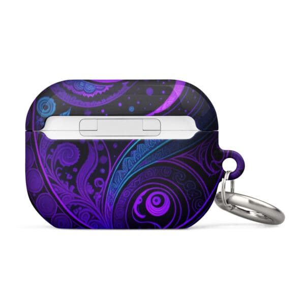 A purple and blue case with a key chain attached.