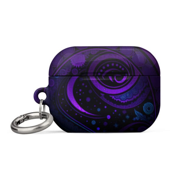 A purple and black case with a keychain