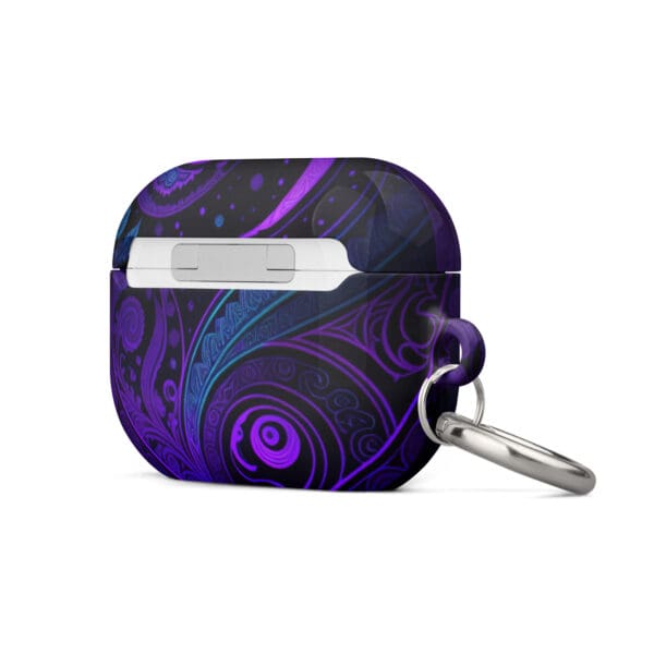 A purple and blue case with a key chain attached.