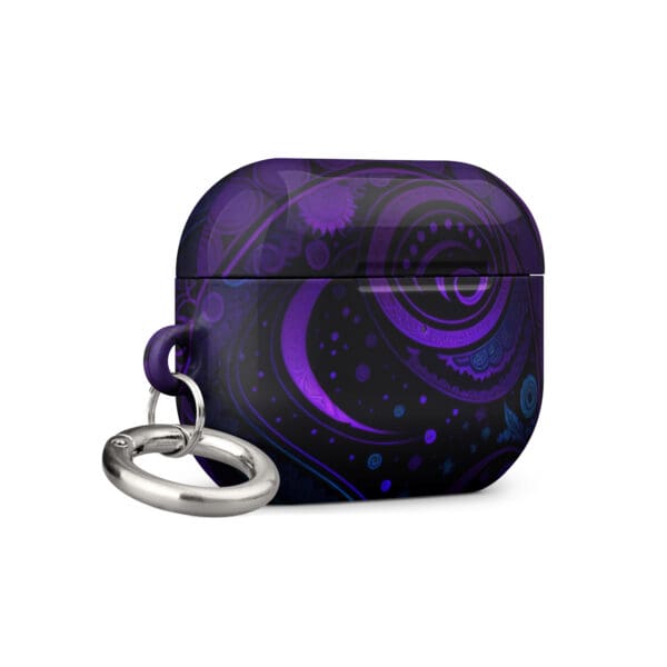 A purple and black case with a silver ring attached to it.