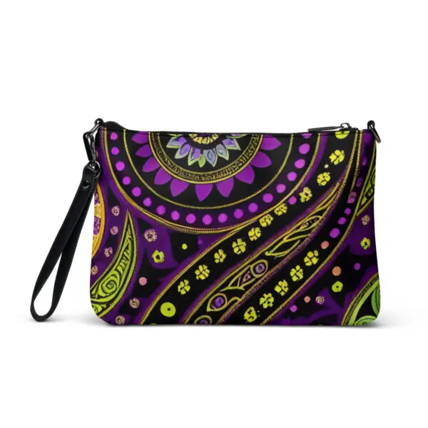 A purple and yellow patterned purse with a black handle.