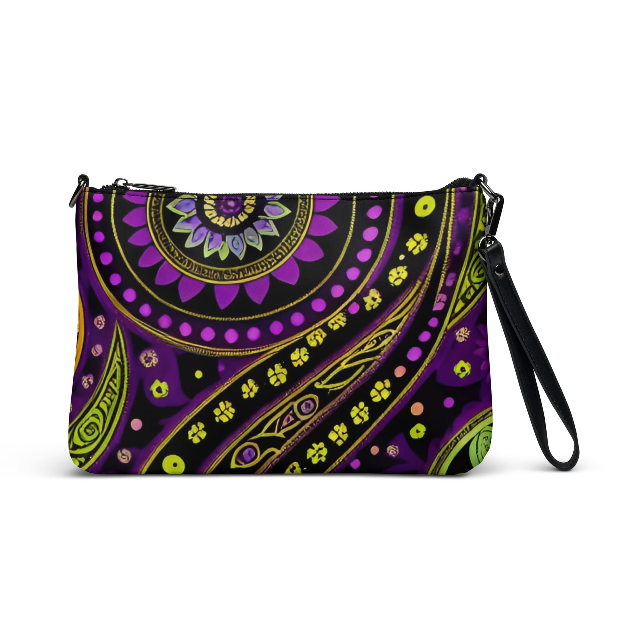 A purple and green patterned purse with a black strap.