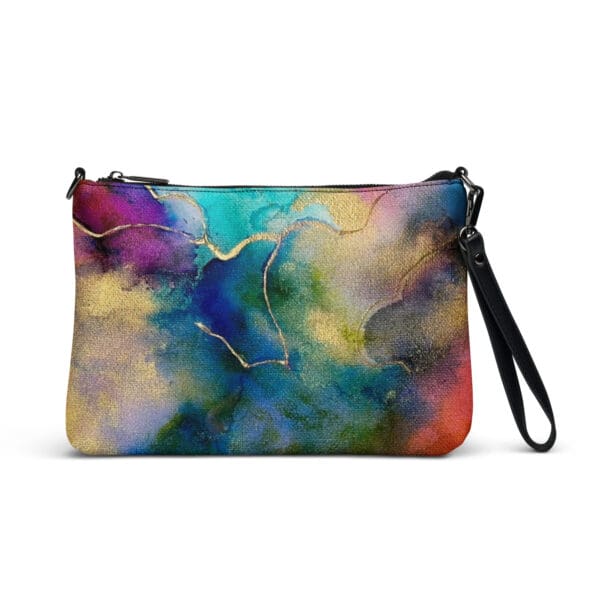 A colorful abstract painting with a black handle