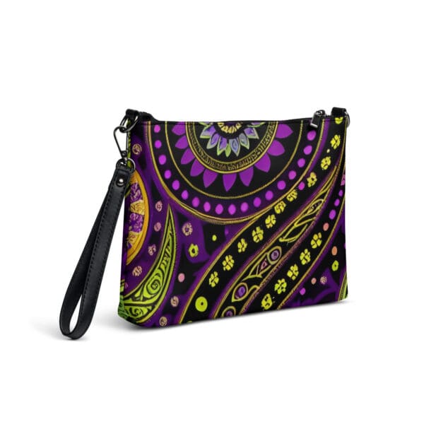 A purple and yellow purse with black handle