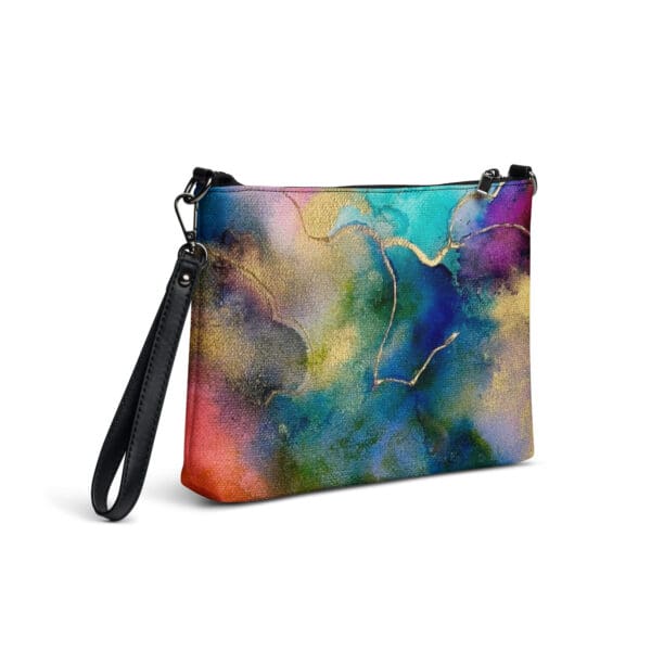 A colorful abstract painting with a black strap