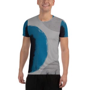 A man wearing a t-shirt with an abstract design.