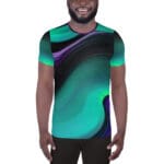 Smiling person wearing colorful abstract shirt.
