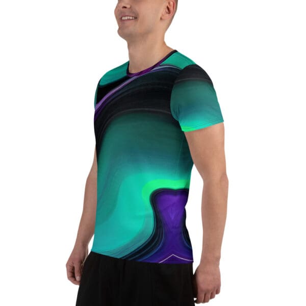 A man wearing a t-shirt with an abstract design.