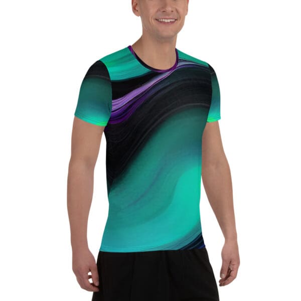 A man wearing a t-shirt with an abstract design.