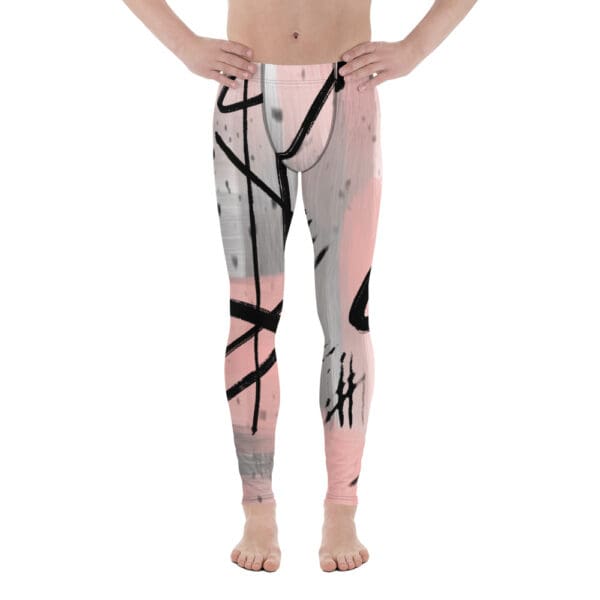 A man wearing pink and black abstract art leggings.