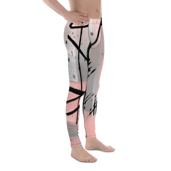 A man wearing pink and grey abstract art leggings.