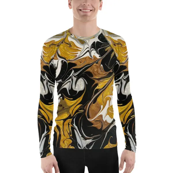 A man wearing a long sleeve shirt with an abstract design.