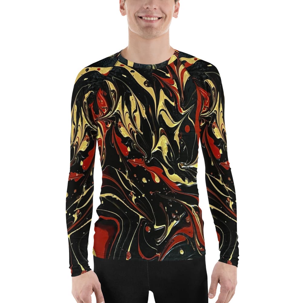 A man wearing a long sleeve t-shirt with an abstract design.