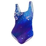 A blue and white swimsuit with bubbles on it