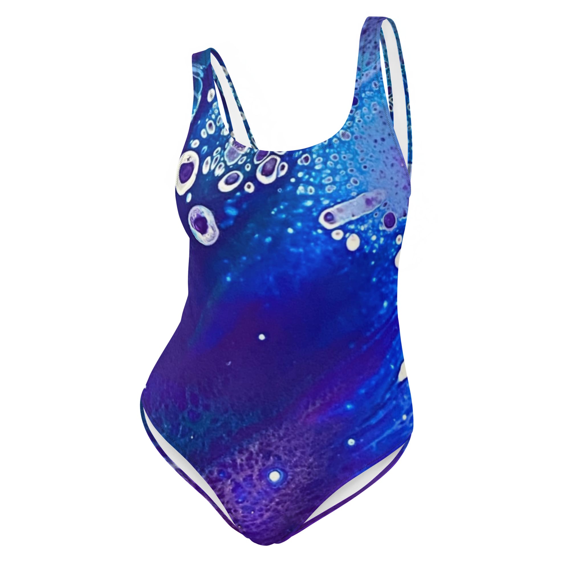 A blue and white swimsuit with bubbles on it