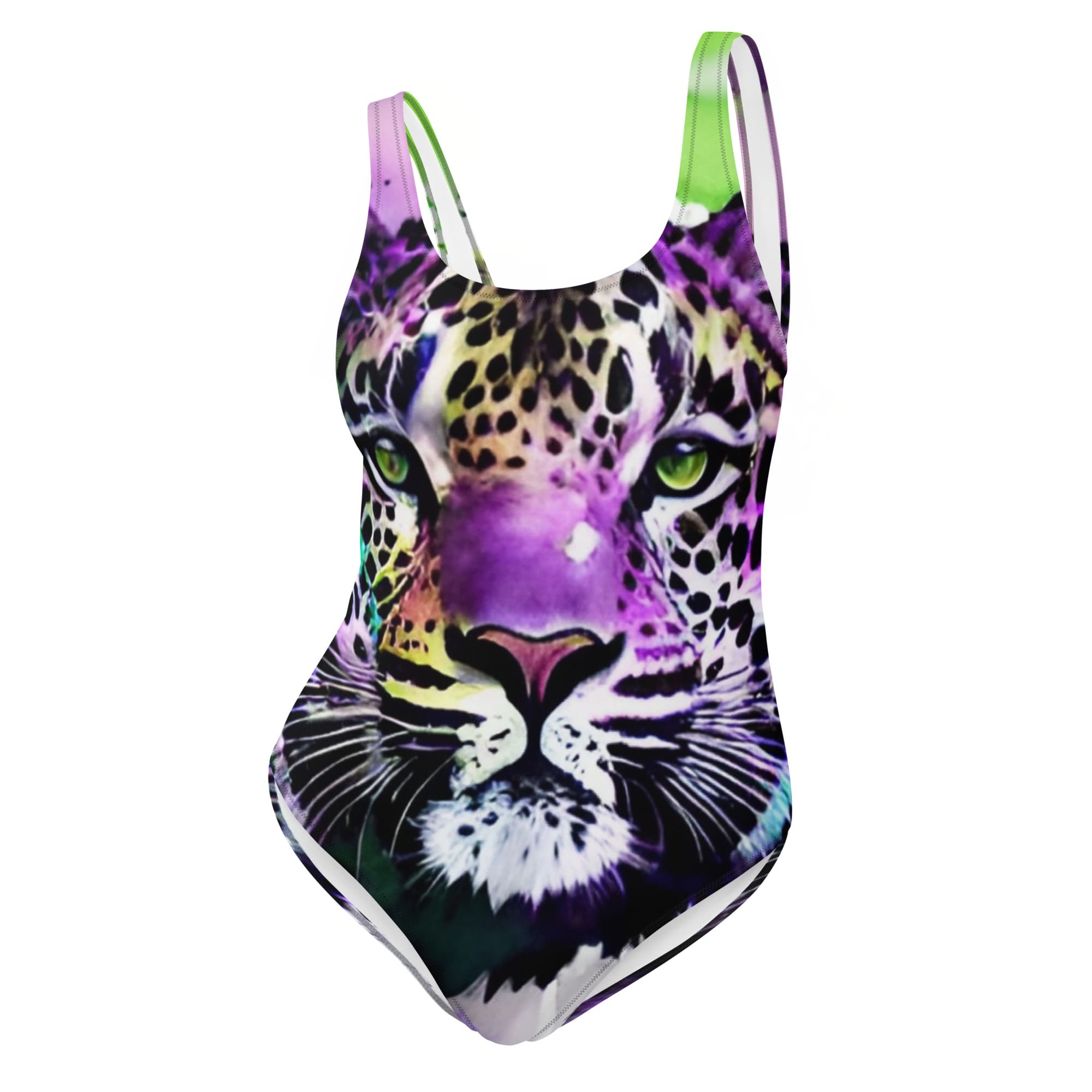 A purple and green swimsuit with a tiger face on it.