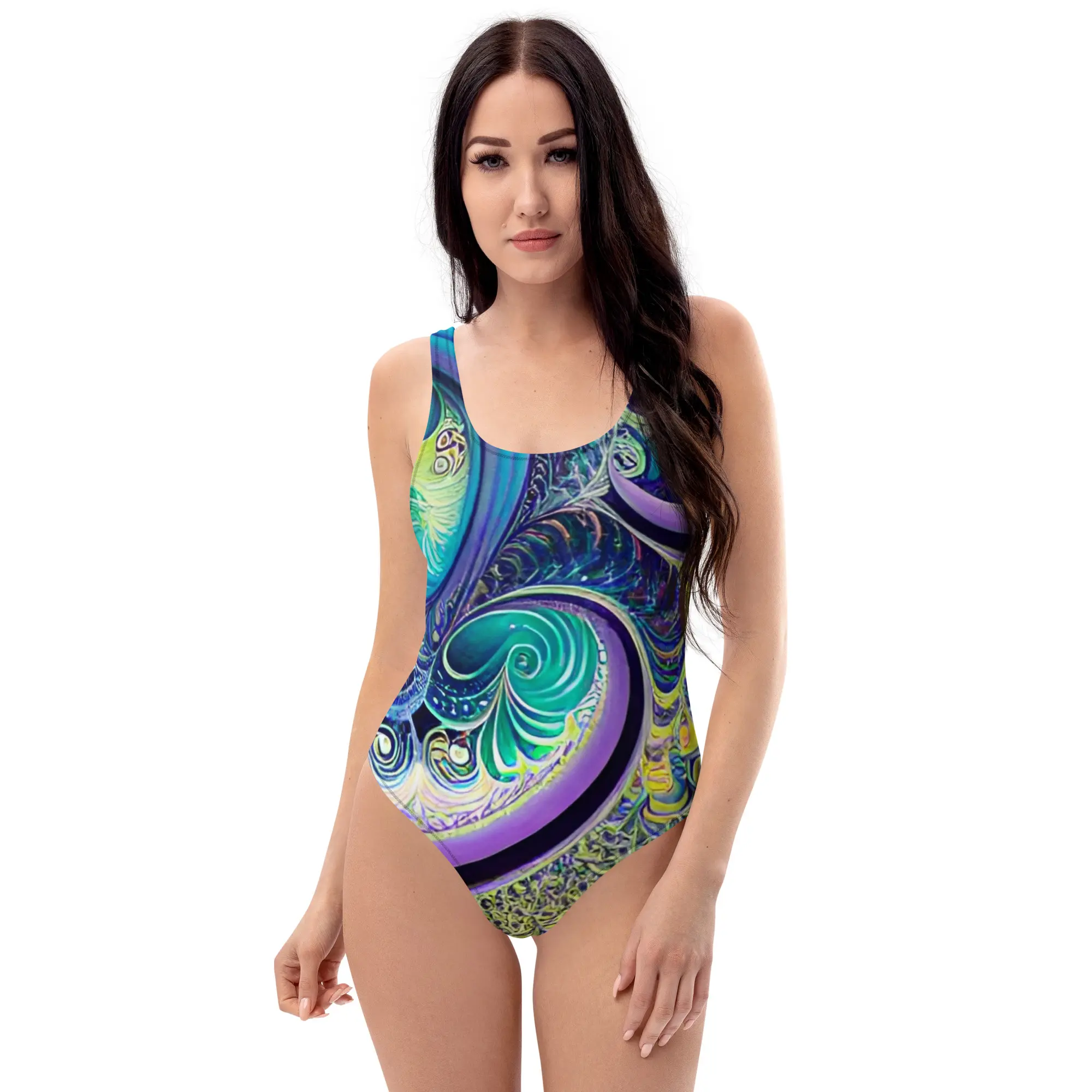 A woman in a blue and purple one piece swimsuit.