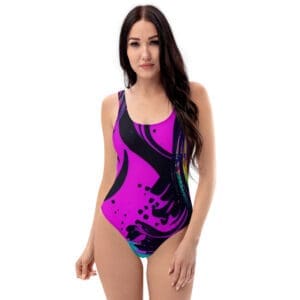 A woman in a purple and black swimsuit