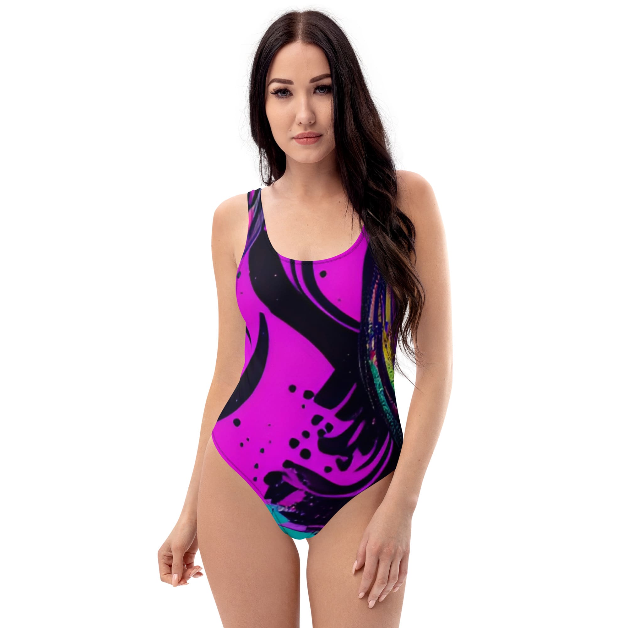 A woman in a purple and black swimsuit