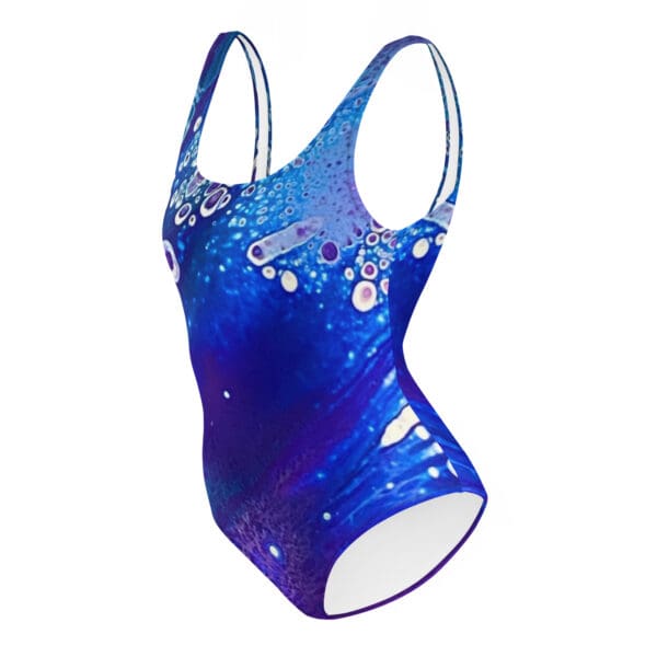 A blue and white swimsuit with bubbles on it