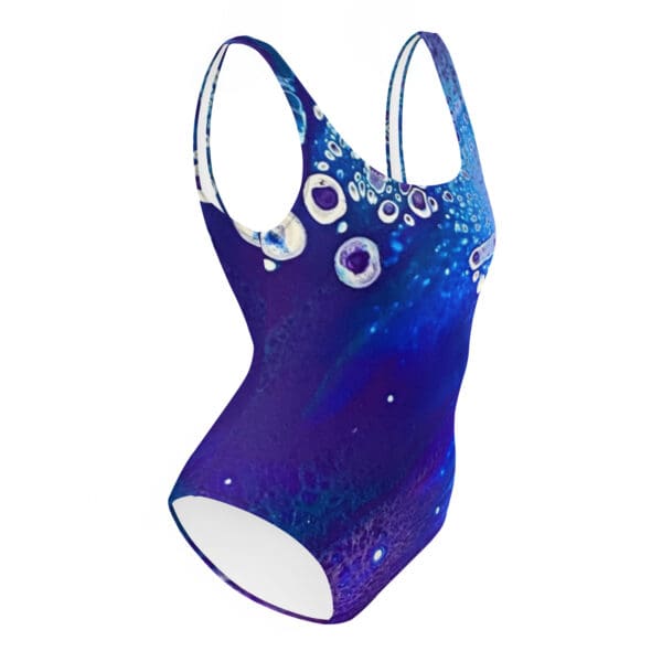 A blue and white swimsuit with bubbles on it