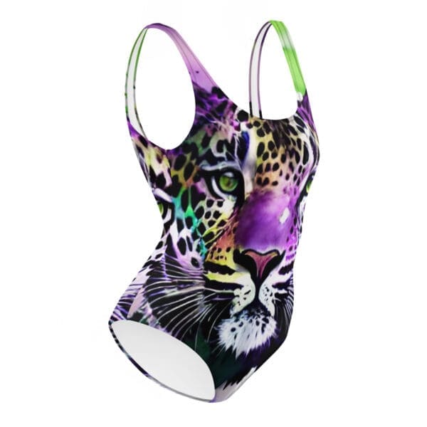 A purple and black swimsuit with a leopard print.