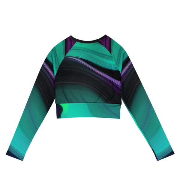 A green and purple long sleeve crop top.