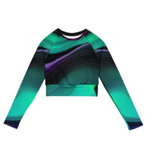 A green and black long sleeve top with purple lines.