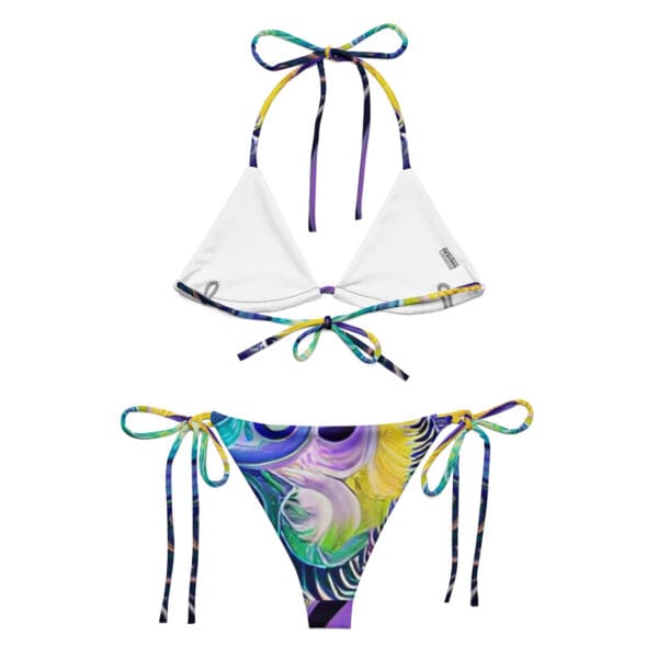 A bikini top and bottom with colorful designs.