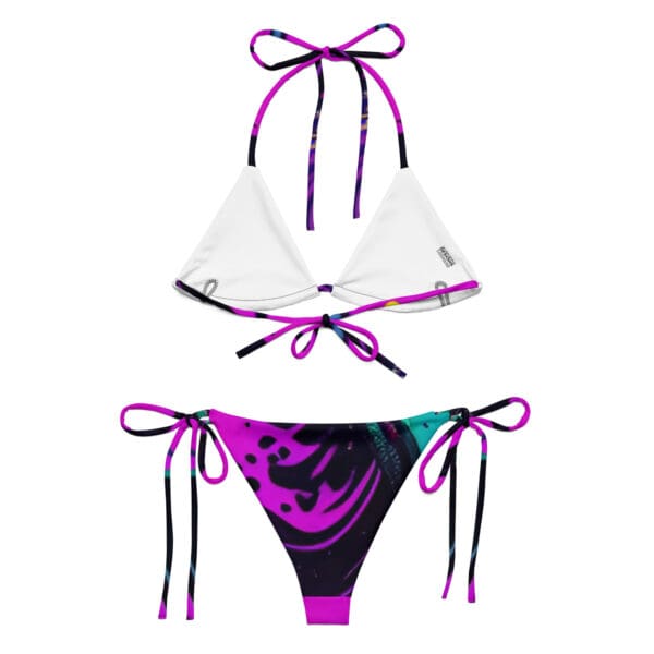 A bikini with purple and white design on it.