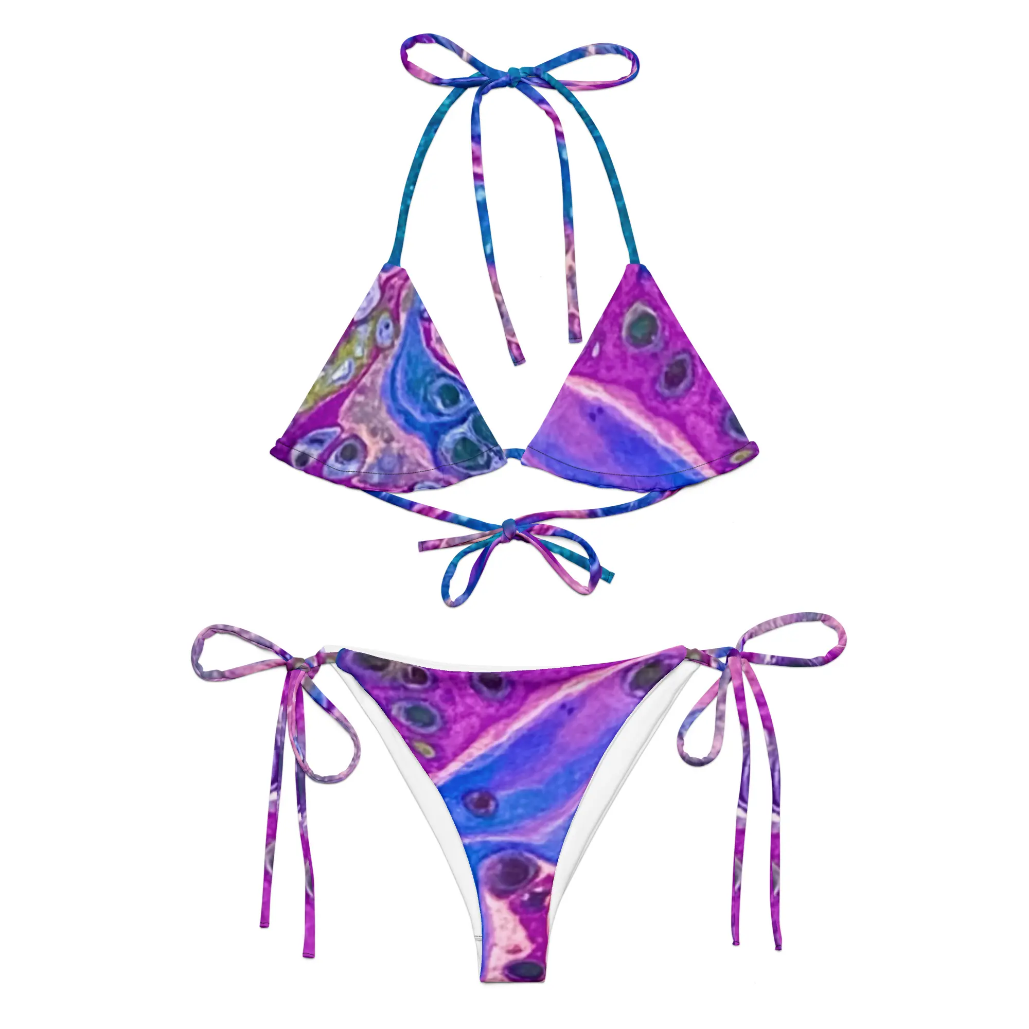 A bikini with two different designs of the same pattern.