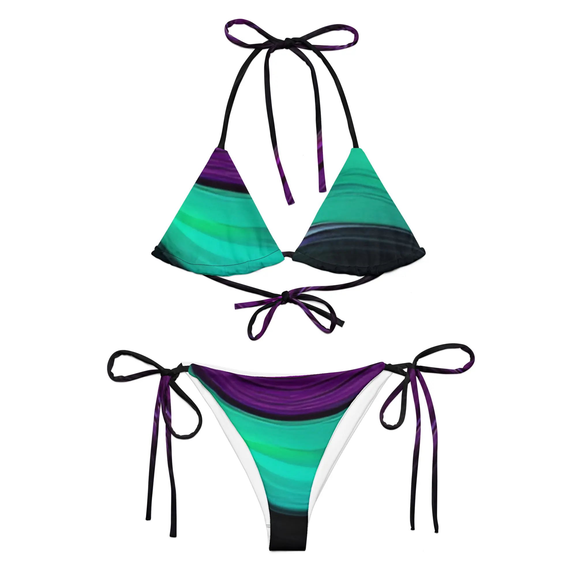 A bikini with two different colors of fabric.