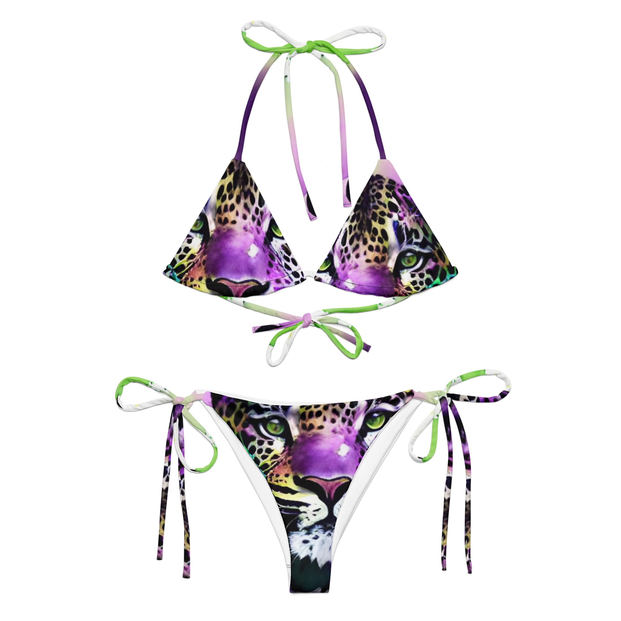 A purple bikini with a picture of a cat on it.