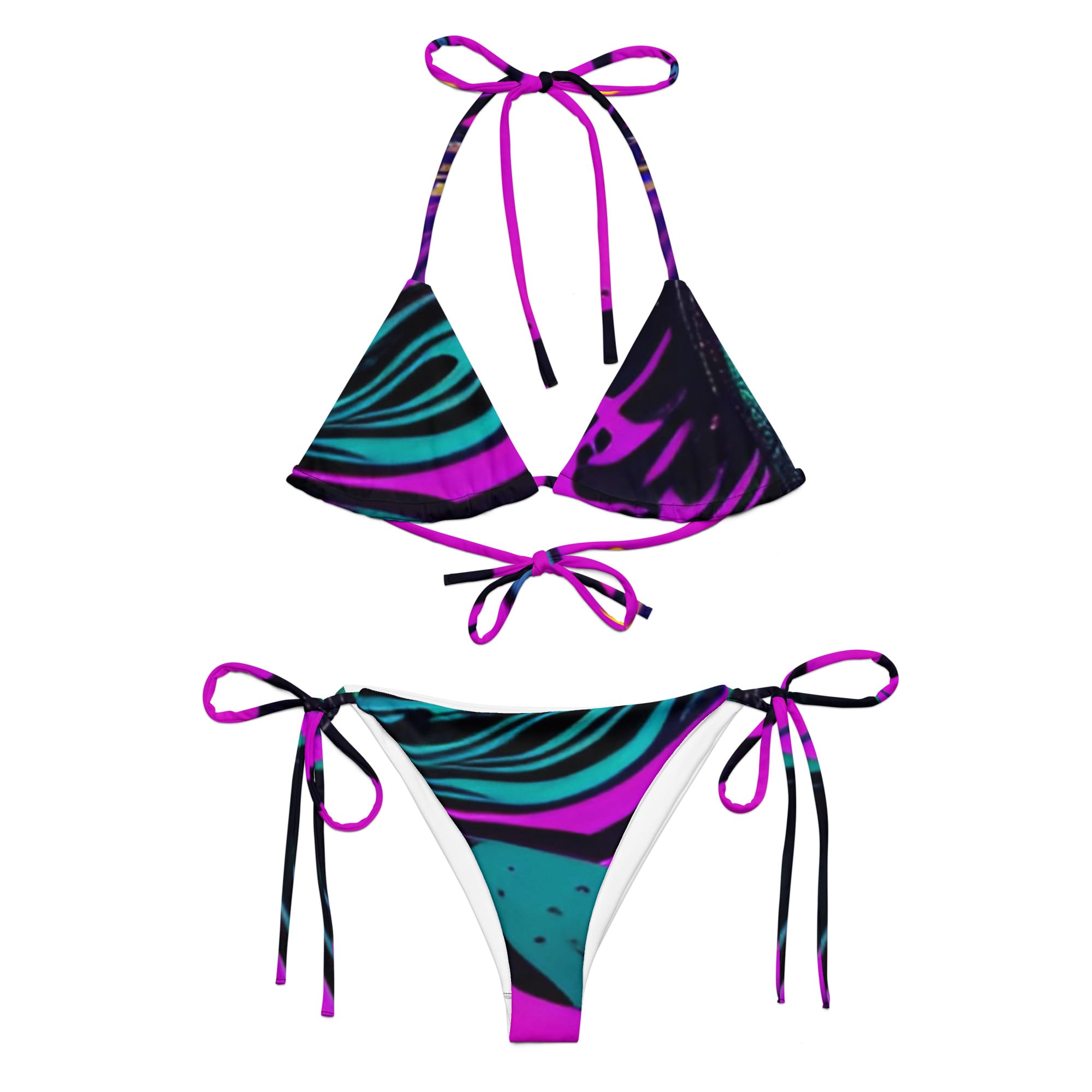 A bikini with purple and blue stripes on it.