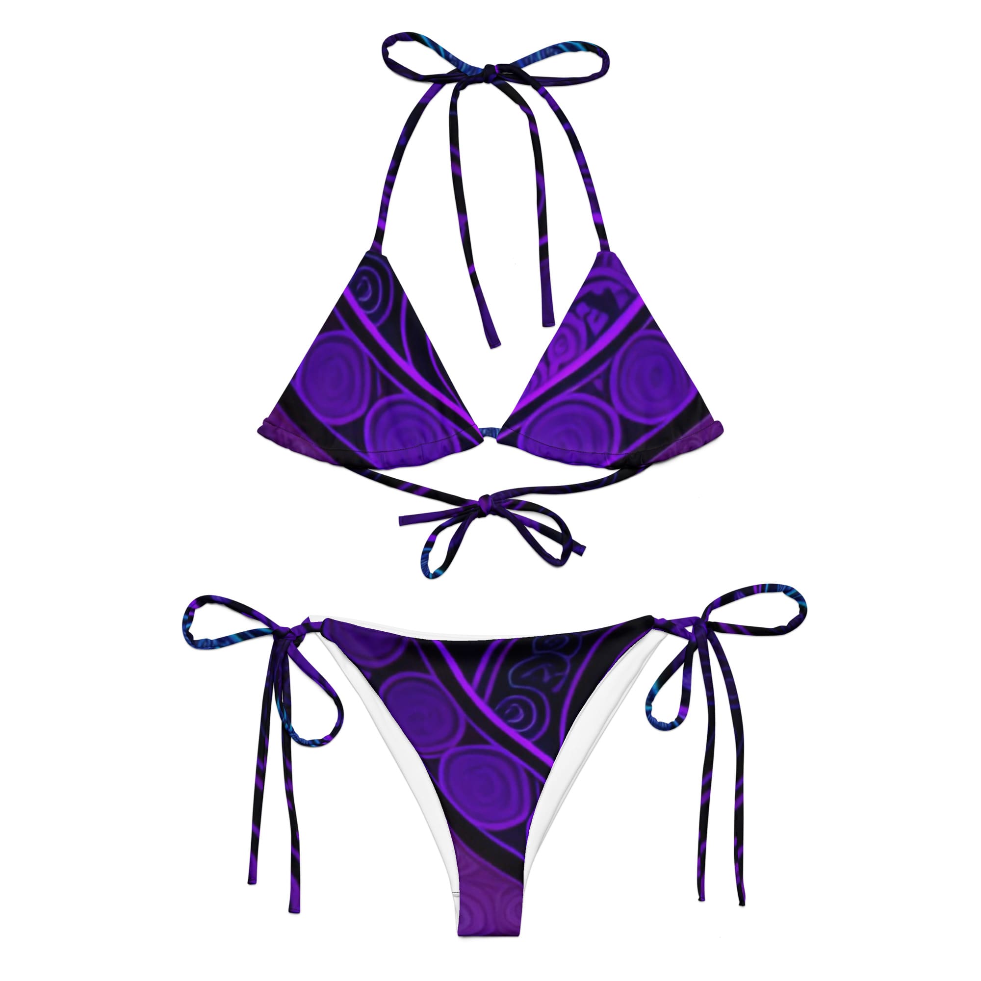 A purple bikini with a tie on the bottom.