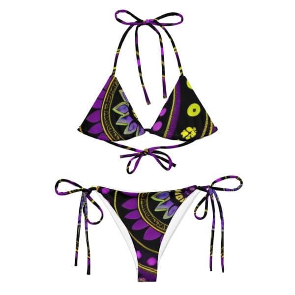 A bikini with purple and black pattern on it.