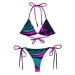A bikini with purple and blue stripes on it.