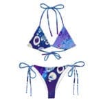 Colorful bikini with blue and purple design.