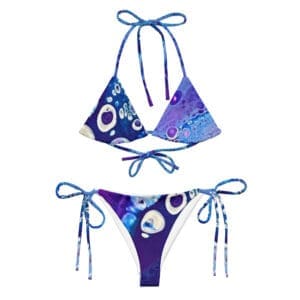 Colorful bikini with blue and purple design.