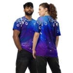 Couple in colorful abstract print t-shirts.