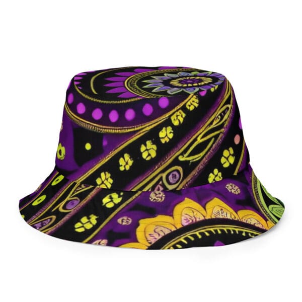 A purple and yellow patterned bucket hat.