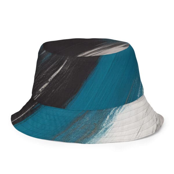 A blue and black hat with white stripes on it