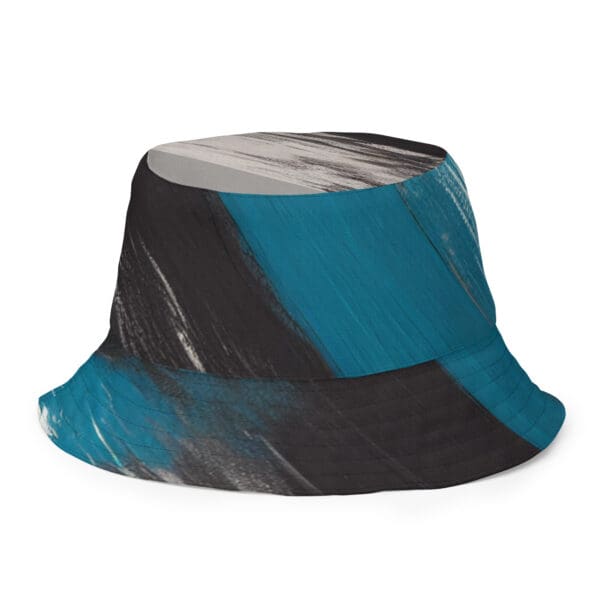 A blue and black bucket hat with a black background