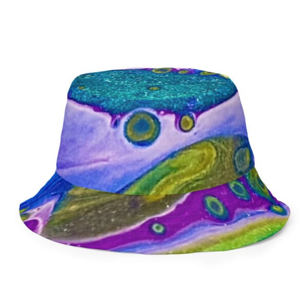 A bucket hat with an abstract painting on it.