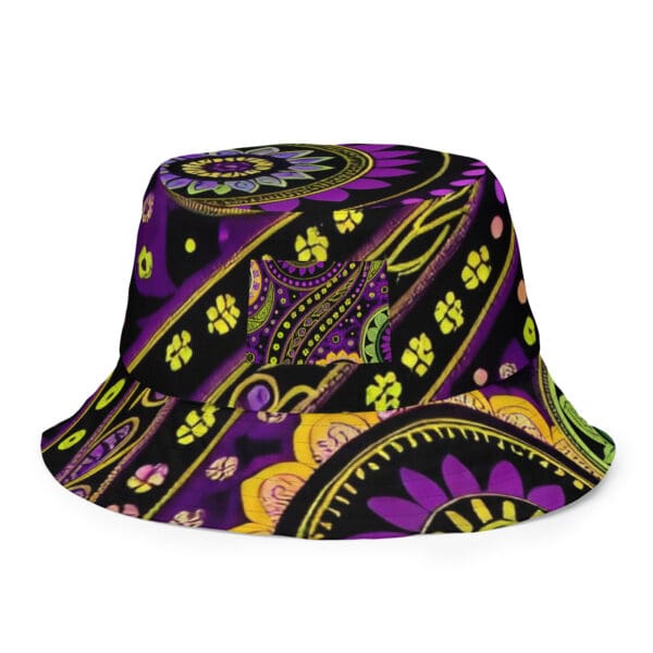 A purple and yellow patterned bucket hat