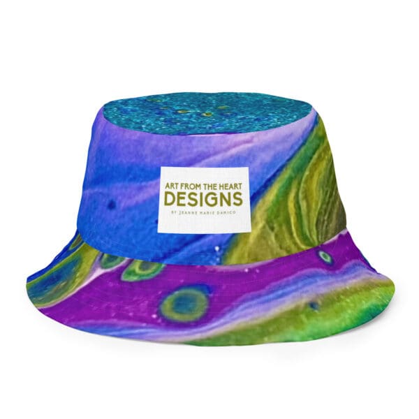 A hat with a picture of a peacock on it.