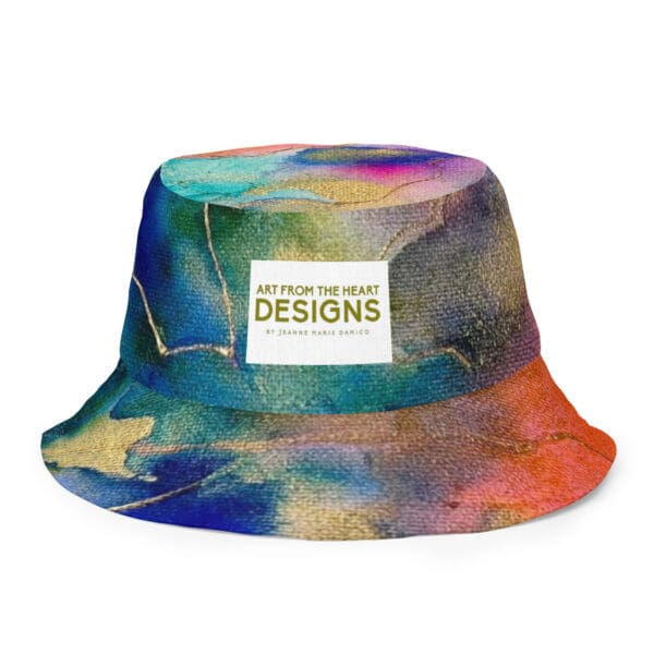 A colorful bucket hat with a patch of gold