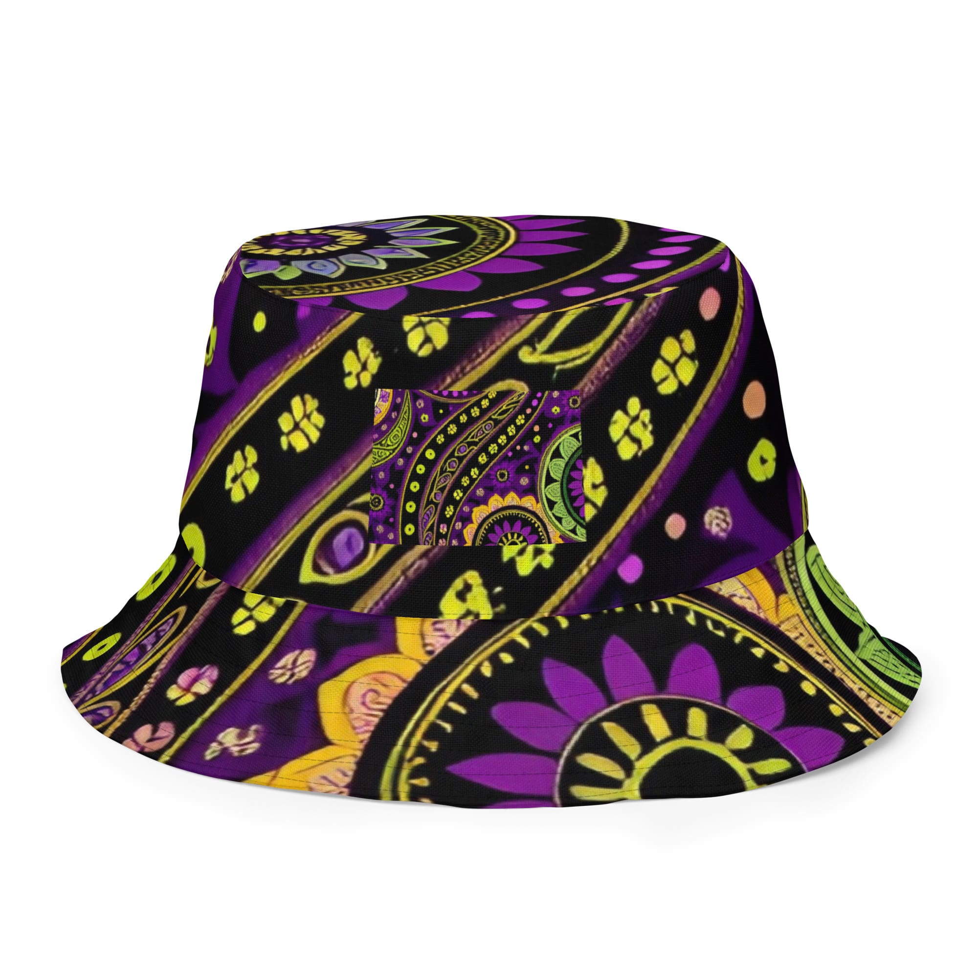 A purple and yellow patterned bucket hat.