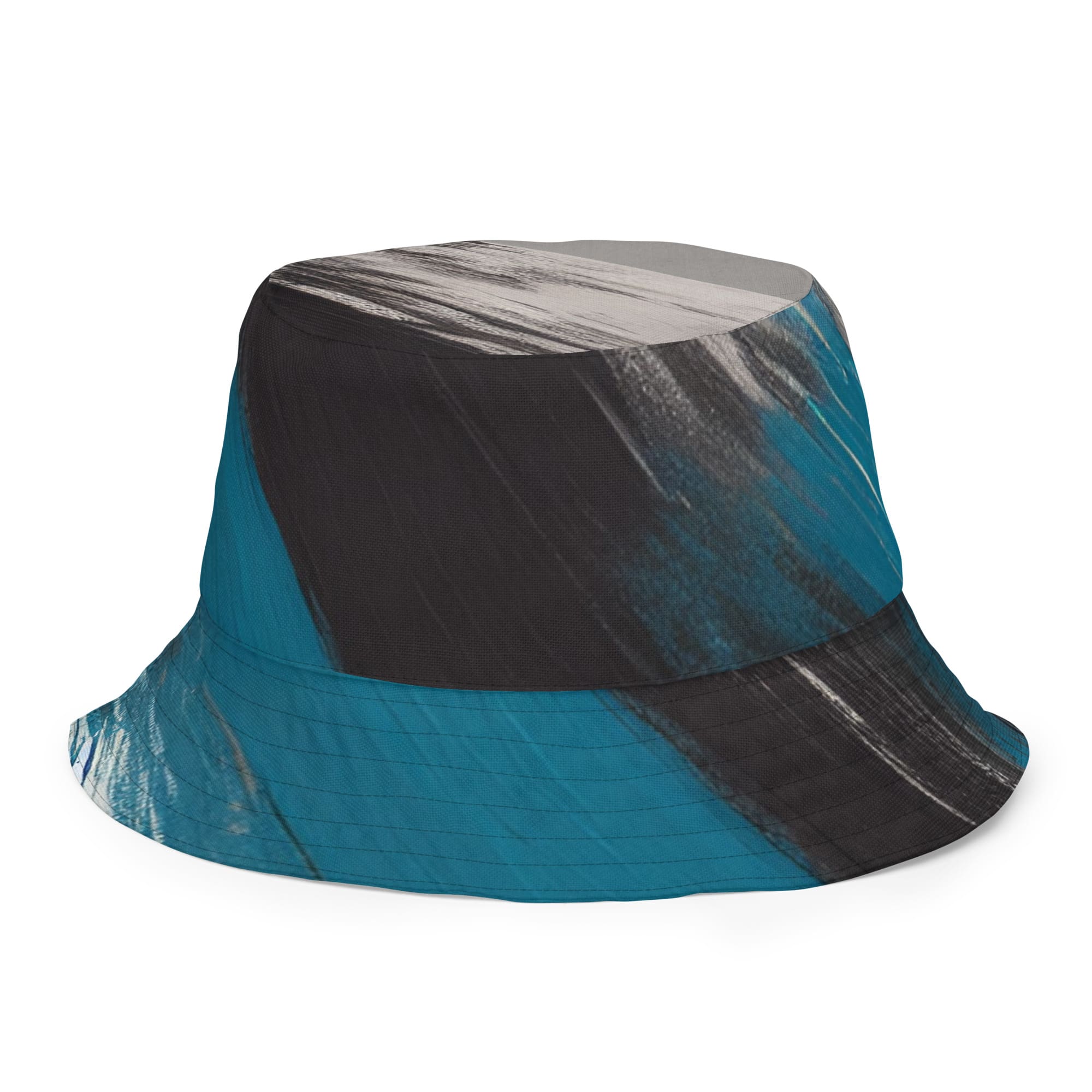 A bucket hat with a black and blue design on it.